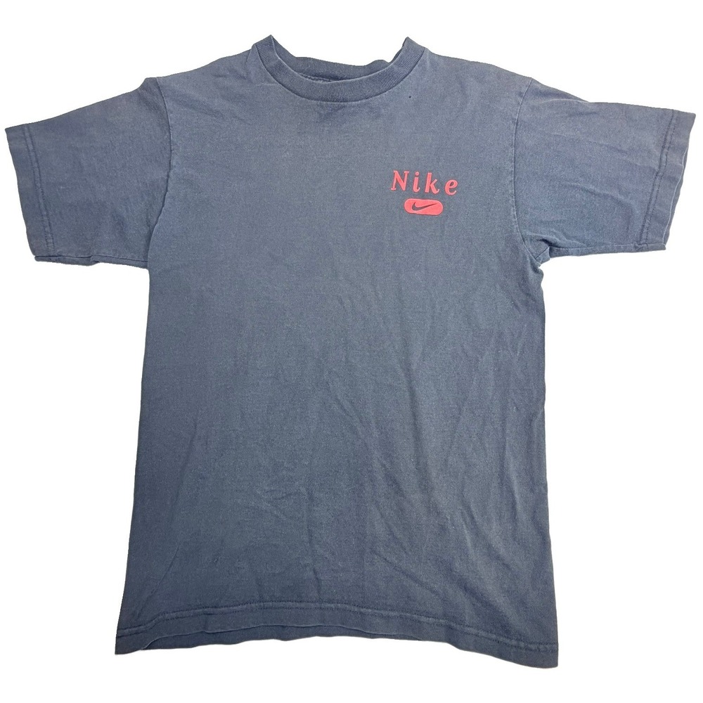 Vintage 90s Nike Youth M Faded Black Red Mini Swoosh Spellout T Shirt Grunge
